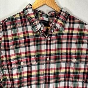 Lands' End Men's Dress Shirt Plaid Red White Green XL 17–17.5 100% Cotton